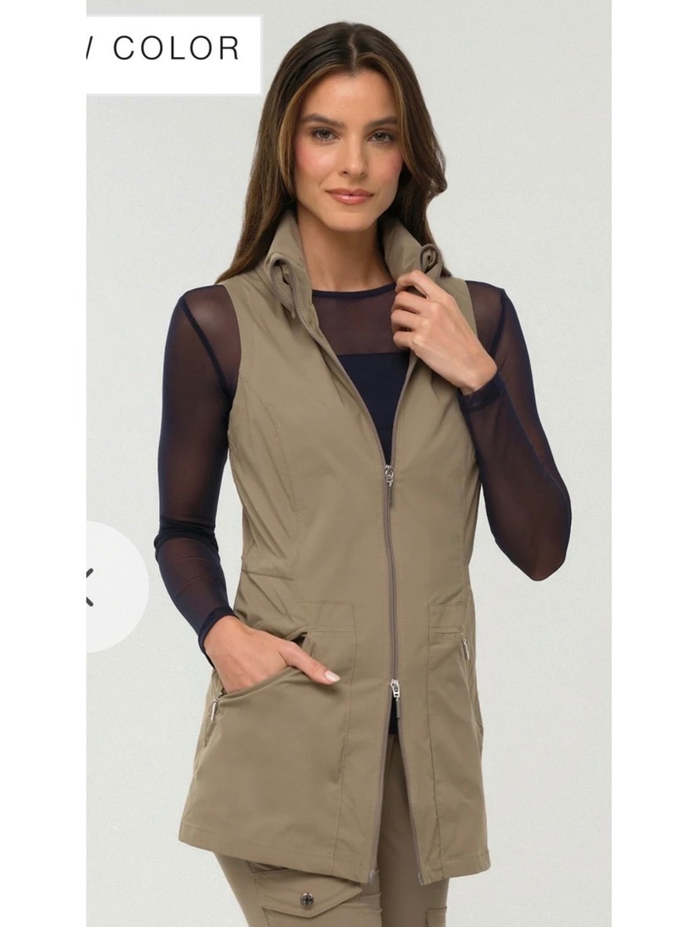 Anatomie Long Travel Vest Medium Taupe Beige Stretch Utility Zip Jacket
